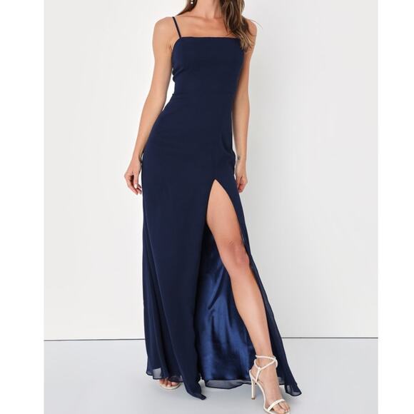 Lulus NWT Feeling Elegant Navy Blue Lace-Up Slit Chiffon Maxi Dress Medium - Picture 1 of 11